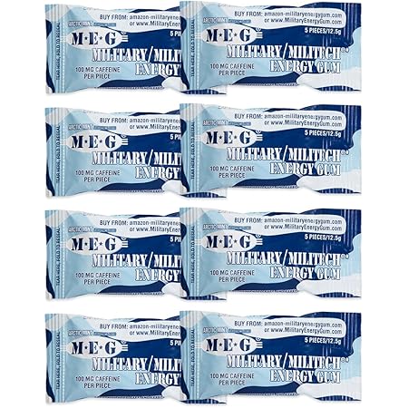 MEG - Military Energy Gum | 100mg of Caffeine Per Piece + Increase Energy + Boost Physical Performance + Arctic Mint 8 Pack (40 Count)