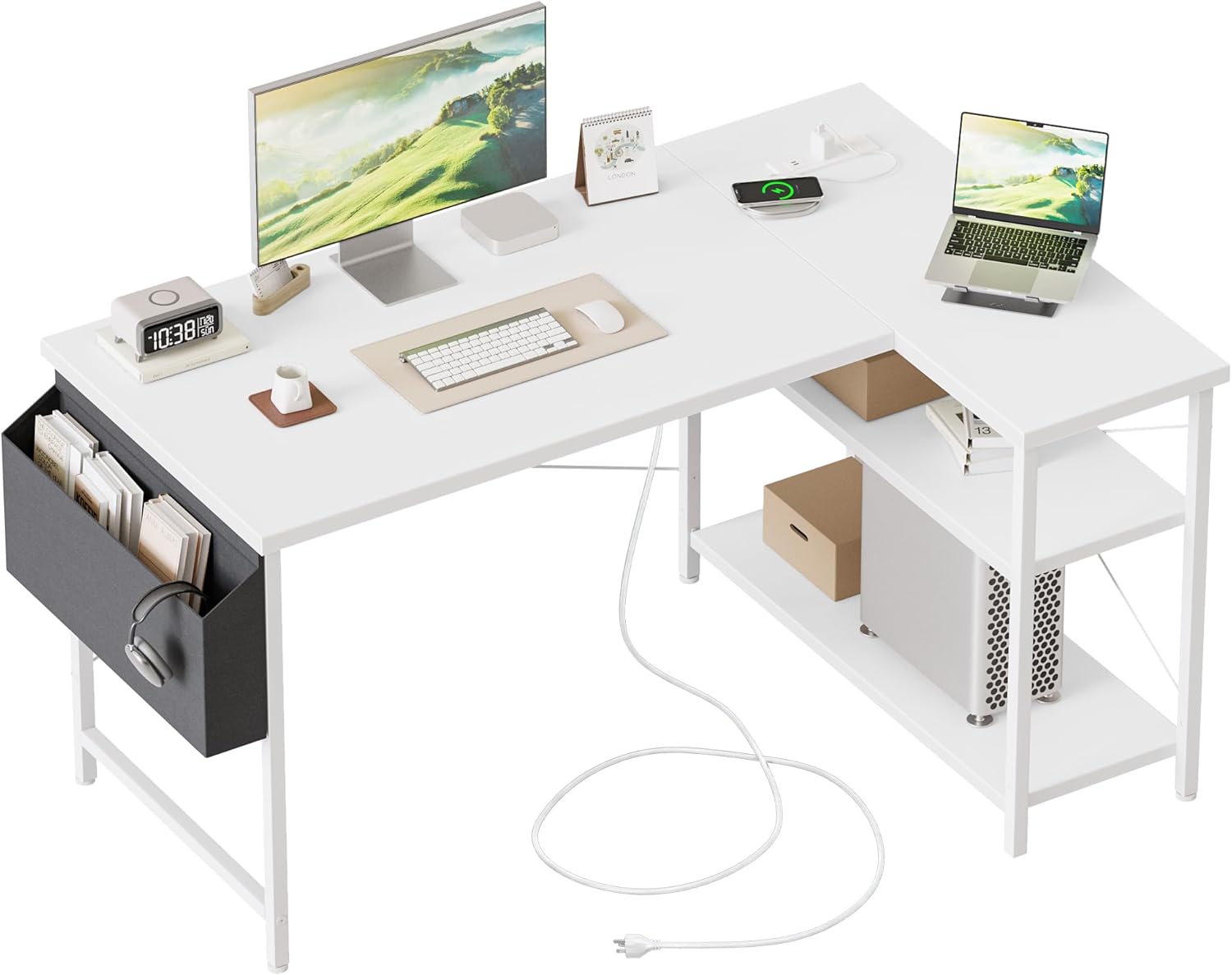 Mericonia Small L Shaped Computer Desk with Power Outlets, Gaming Desk for Small Spaces, Corner Desk with Reversible Storage Shelves, Study Writing Table for Home Office