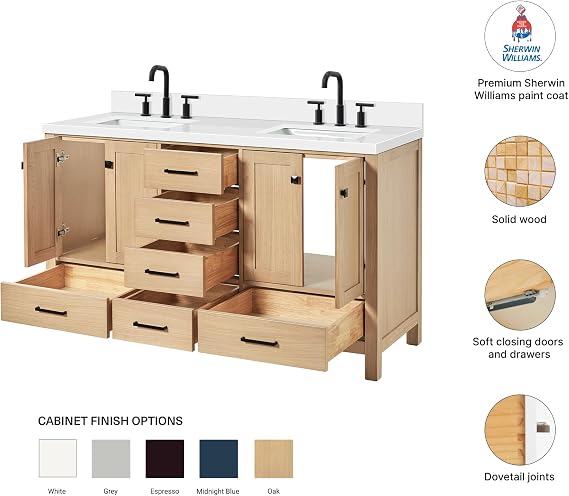 DKB Beckford 60-Inch Oak Double Bathroom Vanity with Sink, Pure White Quartz Countertop 1.5 Edge & 4 Backsplash, Soft Closing Doors & Drawers, Matte Black Hardware