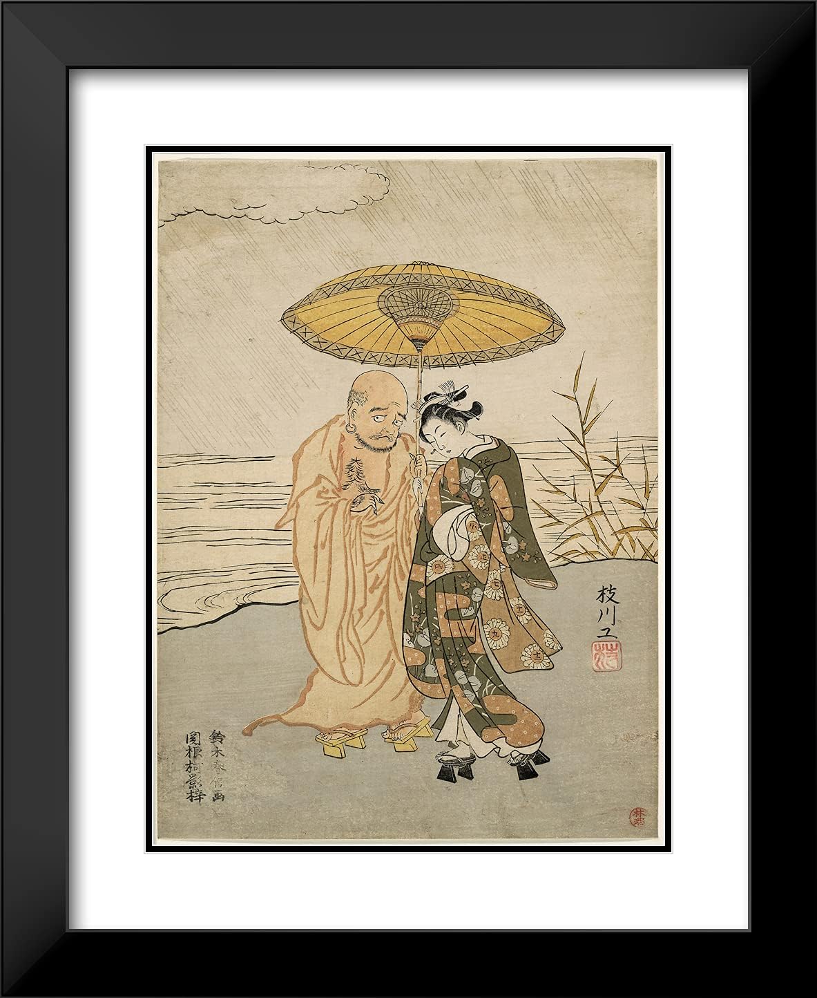 ArtDirect Suzuki Harunobu 20x24 Black Modern Framed and Double Matted Art Print Titled Daruma and a Young Woman in The rain