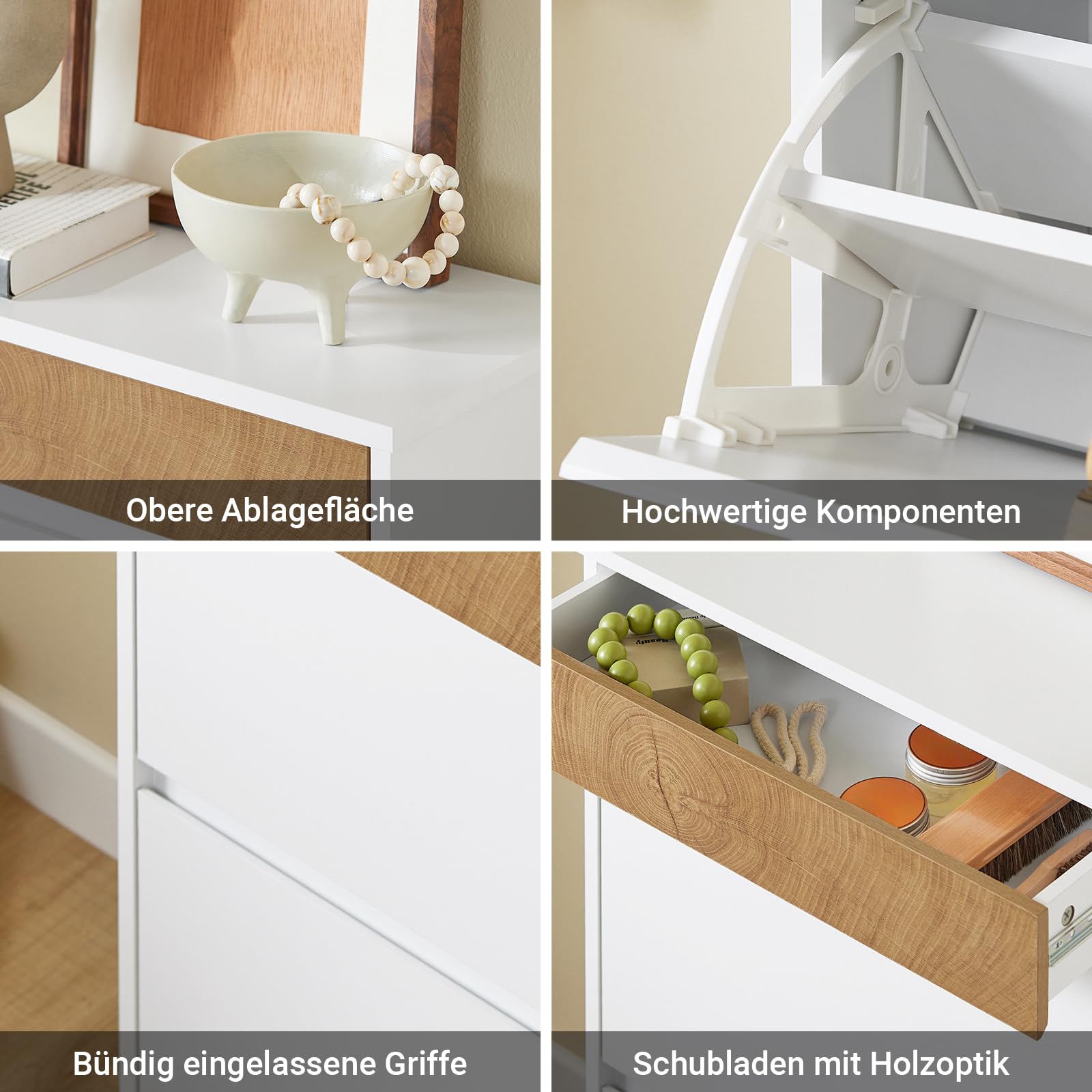SoBuy Schuhschrank Schmal Hoch – Schuhkipper Schmal mit 2 Klappen & Schublade, platzsparend & modern – Flur Möbel für Eingang, Korridor, Wohnung – 61x26x91cm, Weiß & Holzoptik – FSR205-WN