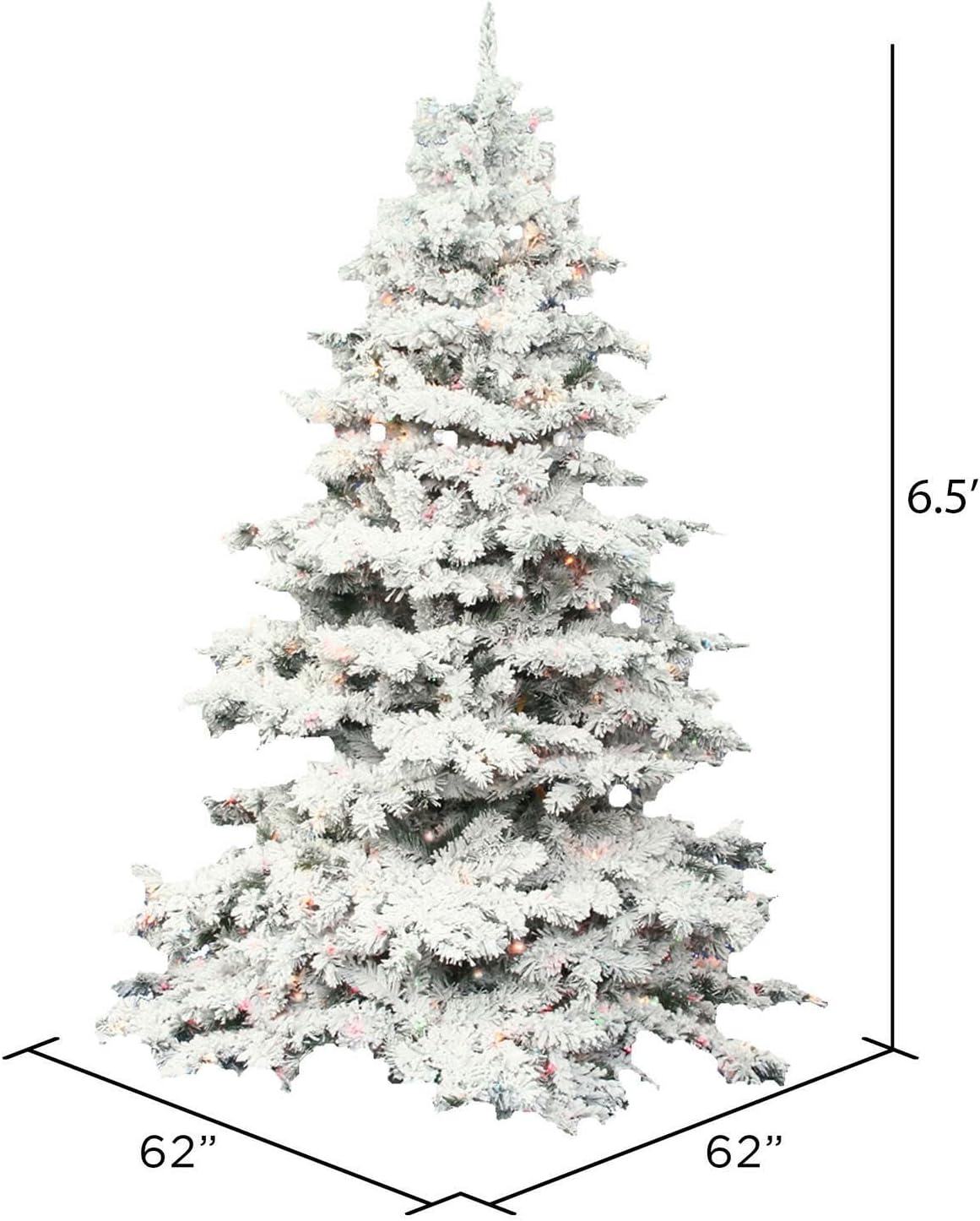 Vickerman Artificial 6.5' Indoor Flocked Alaskan Pine Christmas Tree - 700 Dura-Lit® Multi-Colored Lights - 1045 PVC Tips - Snowy Faux Tree for The Holidays - Reliable and Durable