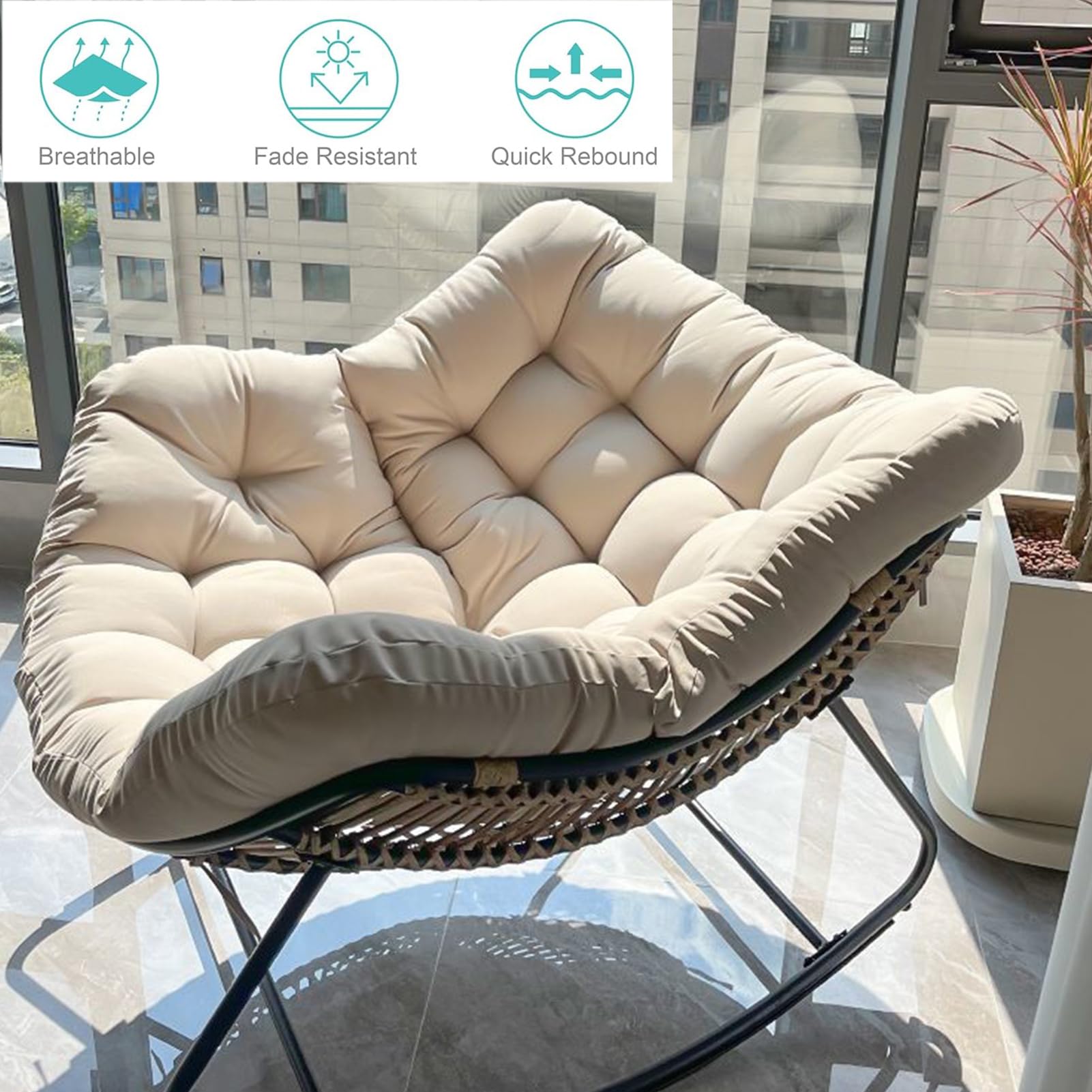 Comoda sedia a dondolo da esterno, in rattan intrecciato, con cuscino spesso, delicata sulla pelle, per il tempo libero, per adulti, perfetta per camera da letto e soggiorno (nero, S)