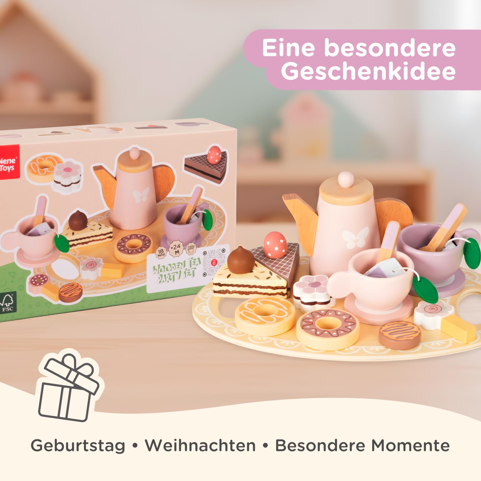 Nene Toys Holz-Teeservice für Kinder ab 2 Jahren – 18-teiliges Tee Set mit Teekanne, Tablett, Tassen & Süßigkeiten – Spielküche Zubehör, Montessori Rollenspiel, FSC® Holz – Geschenk 2–5 Jahre