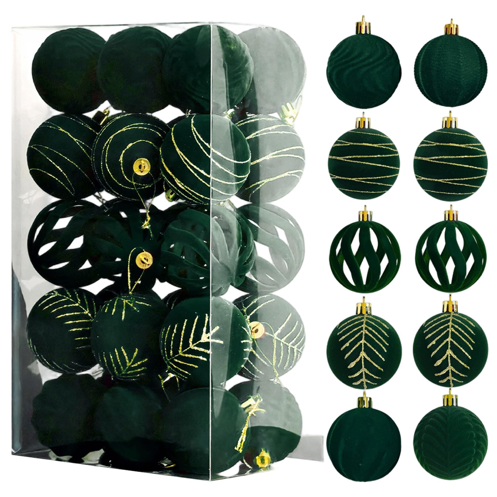 Boules de Noël en velours vert foncé : lot de 30 décorations floquées incassables