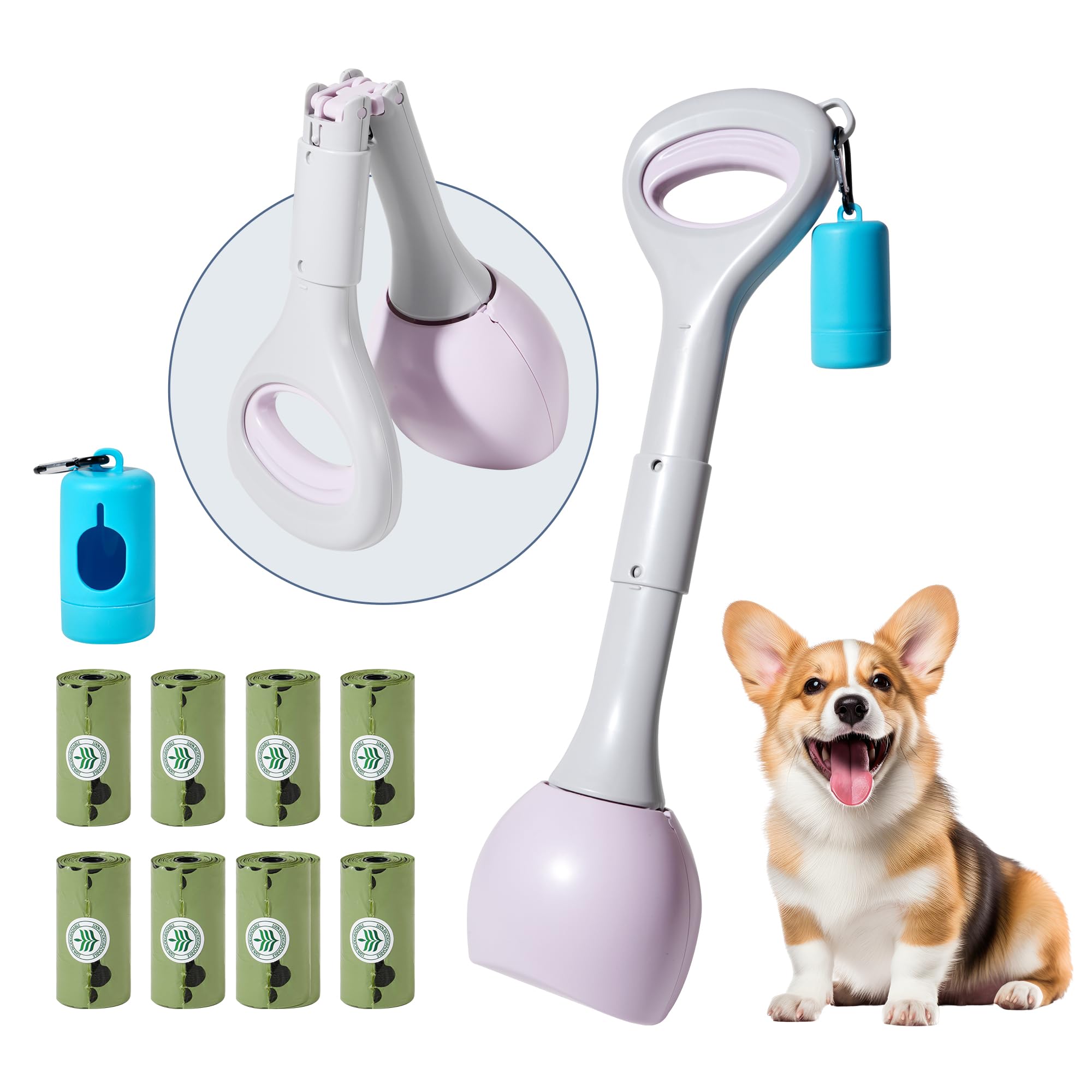 Dog Pooper Scooper Portable with Bag Attachment, One Handed Foldable Design, Includes 120 Waste Bags and Dispenser, 19 Inch Handle for Grass Yard Gravel Cleanup (Purple)