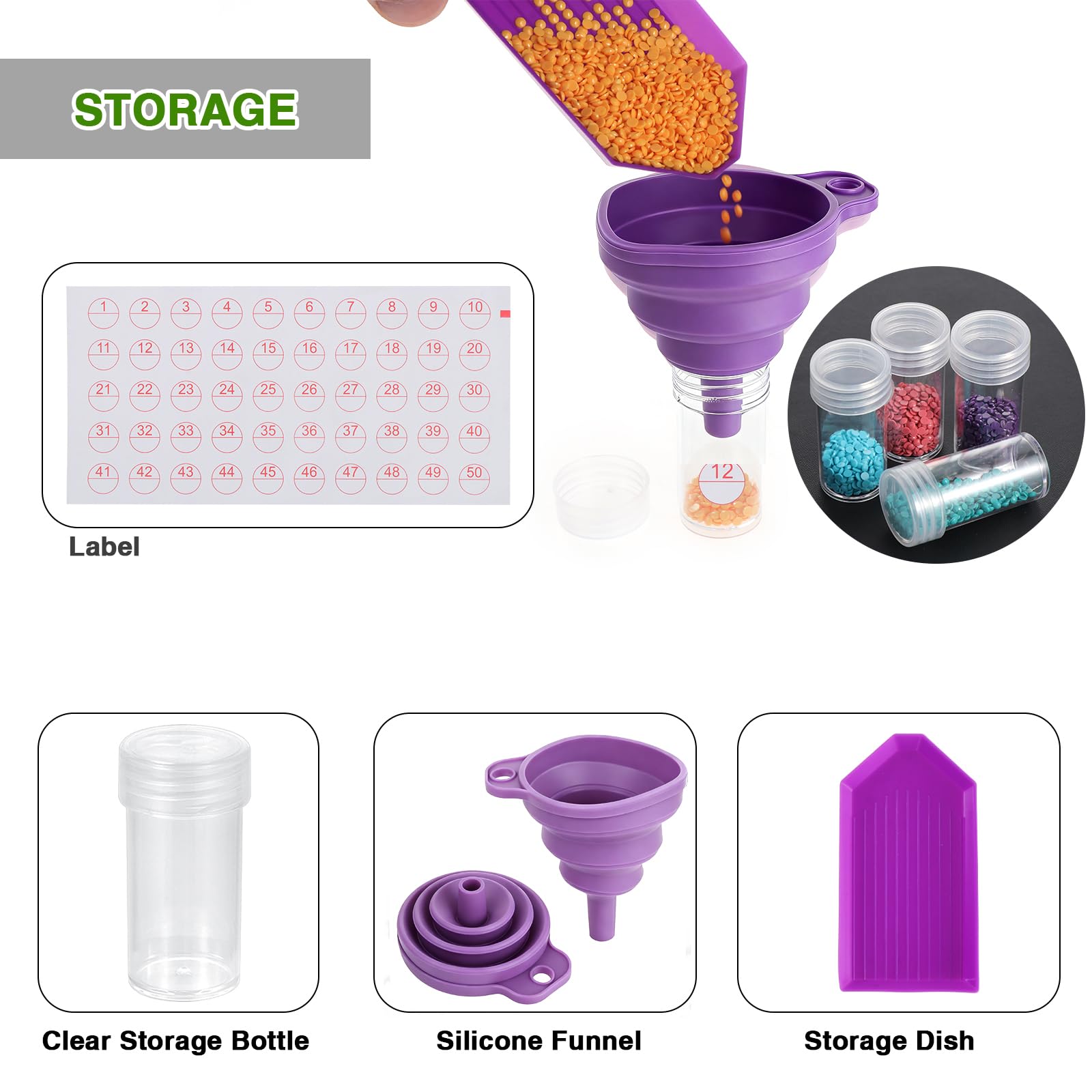 Diamond Painting Zubehör Boxen,30 Slots Diamond Painting Storage Diamond Painting Koffer mit Trichter Stickers für Strass Perlen Nägel DIY Handwerk(Lila)