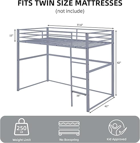 Miniatura 2 de Base de cama tipo loft de metal resistente tamaño individual con barandillas de seguridad y escalera integrada. Cama alta resistente que ahorra