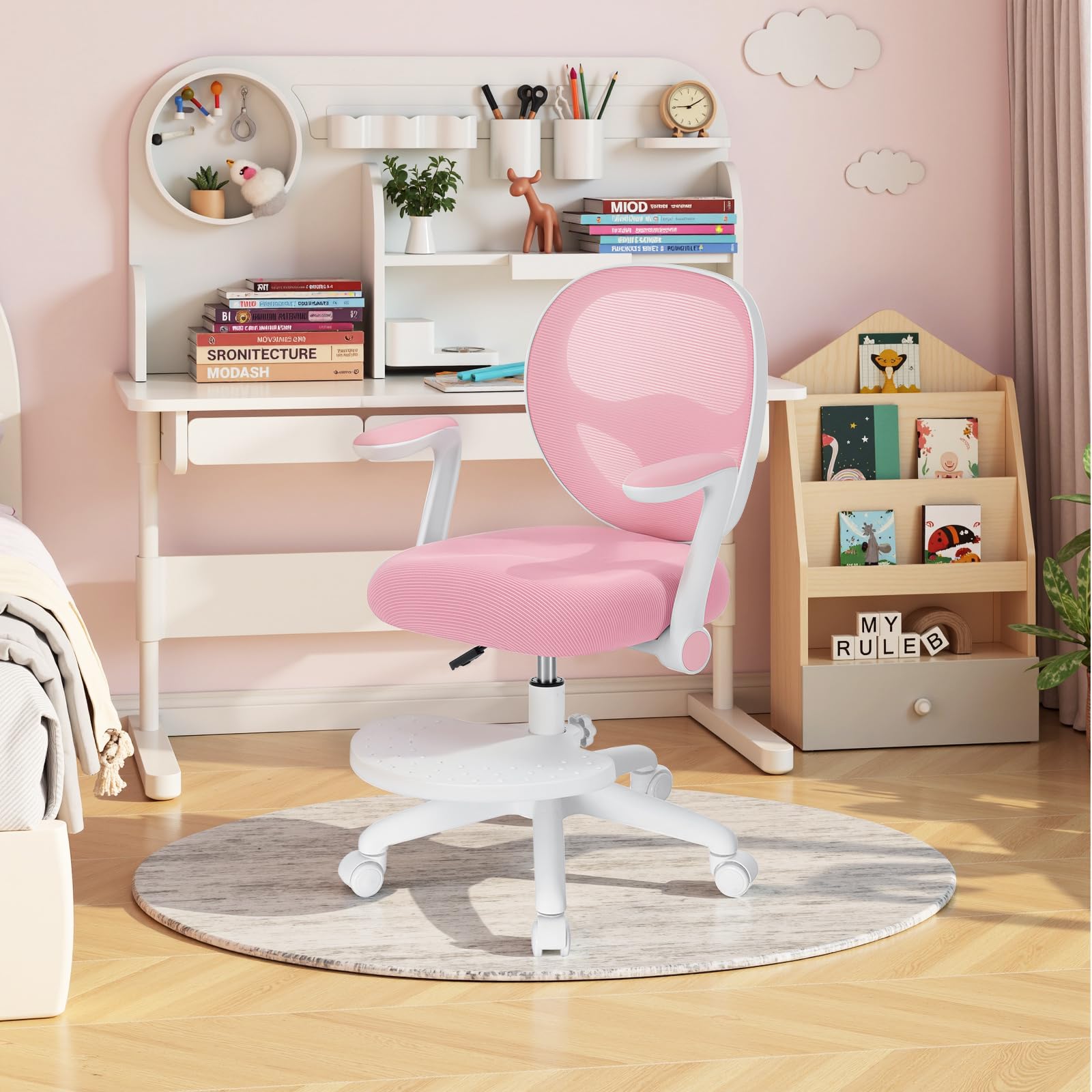 HOFFREE Kinder Schreibtischstuhl Ergonomischer Lernstuhl mit Klappbarer Armlehne Fußstütze Drehbar Rosa