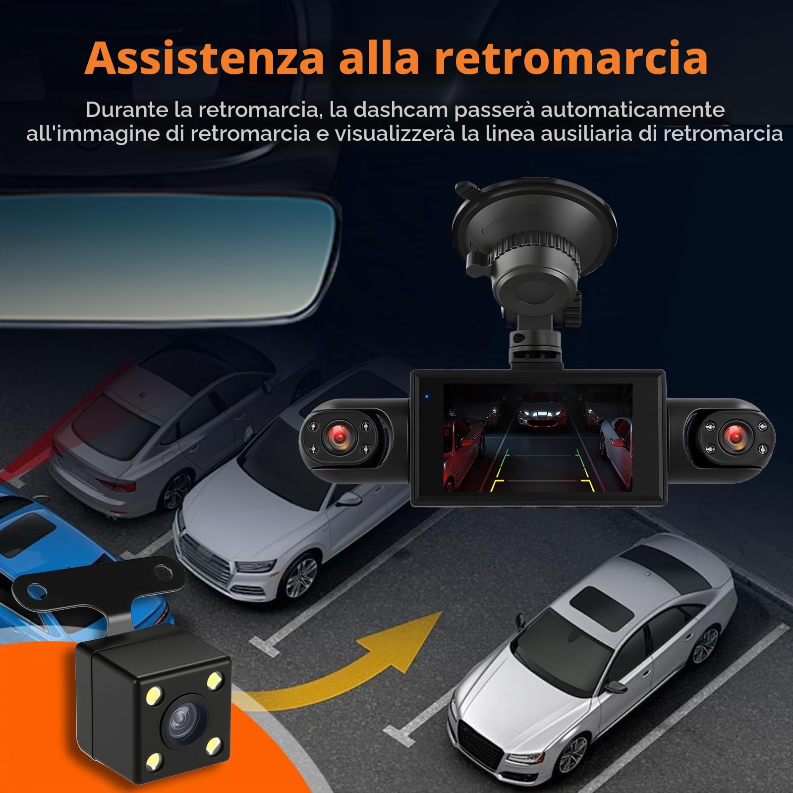 Mirror Dash Cam 4 Canali Anteriore Posteriore, Telecamera per Specchietto Retrovisore Night Vision/Rilevamento del Movimento + 64GB Card + Telecamera Posteriore Impermeabil