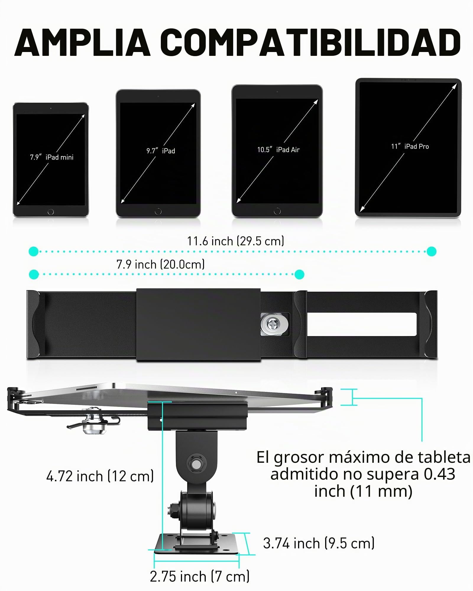 AboveTEK Soporte de Pared para Tablet Antirrobo iPad de 7 a 11 Pulgadas, Incluyendo iPad, Galaxy Tab, Pizarra, Fuego y más, Bloqueo de Seguridad antirrobo y Llave Negro