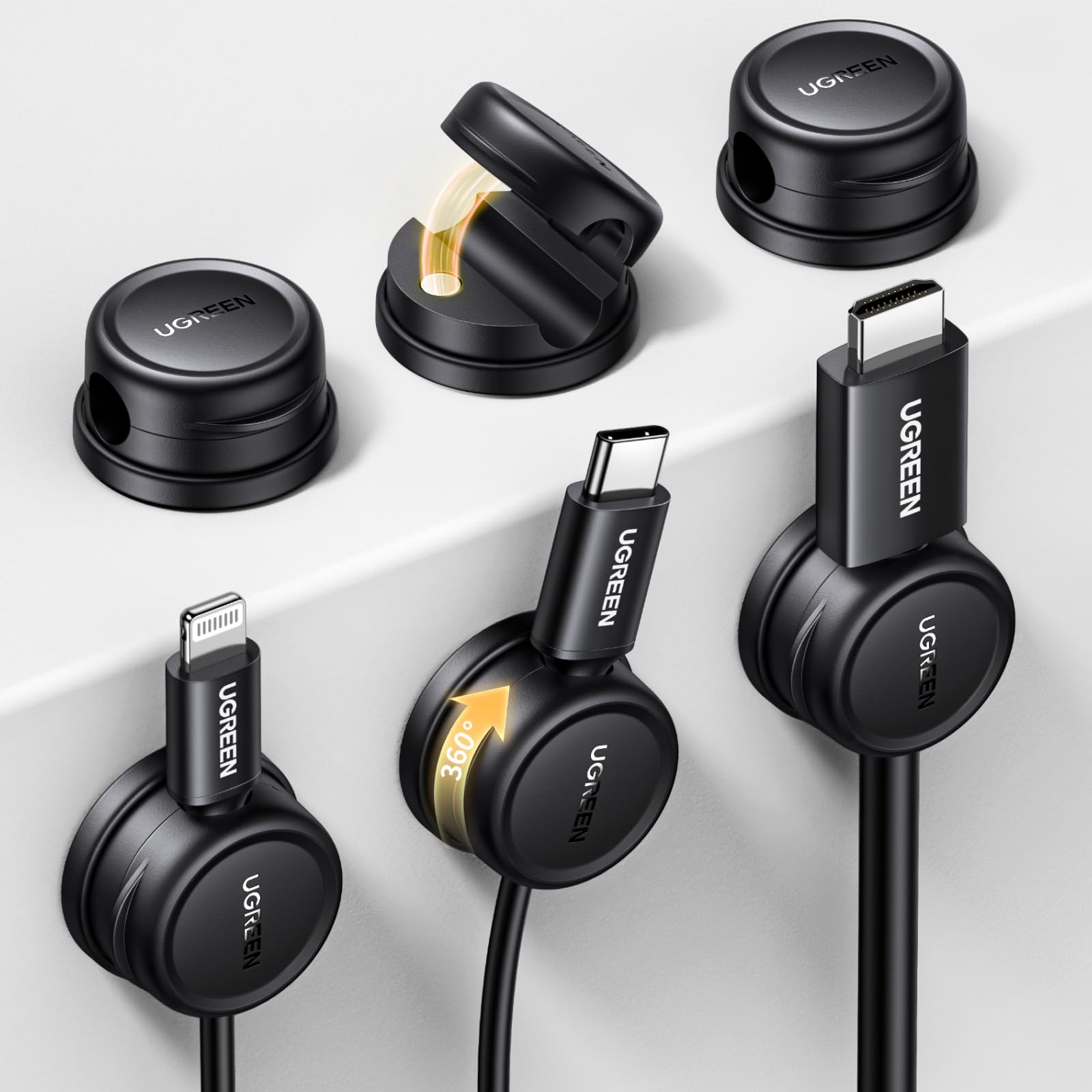 UGREEN 6 Stück Magnetische Kabelhalter Kabelclips 360°Drehbar, Kabelhalter Selbstklebend, Verstellbarer Kabel Organizer, Kabelmanagement für Ladekabel Netzkabel, Kompatibel mit Kabel bis zu 7,5 mm