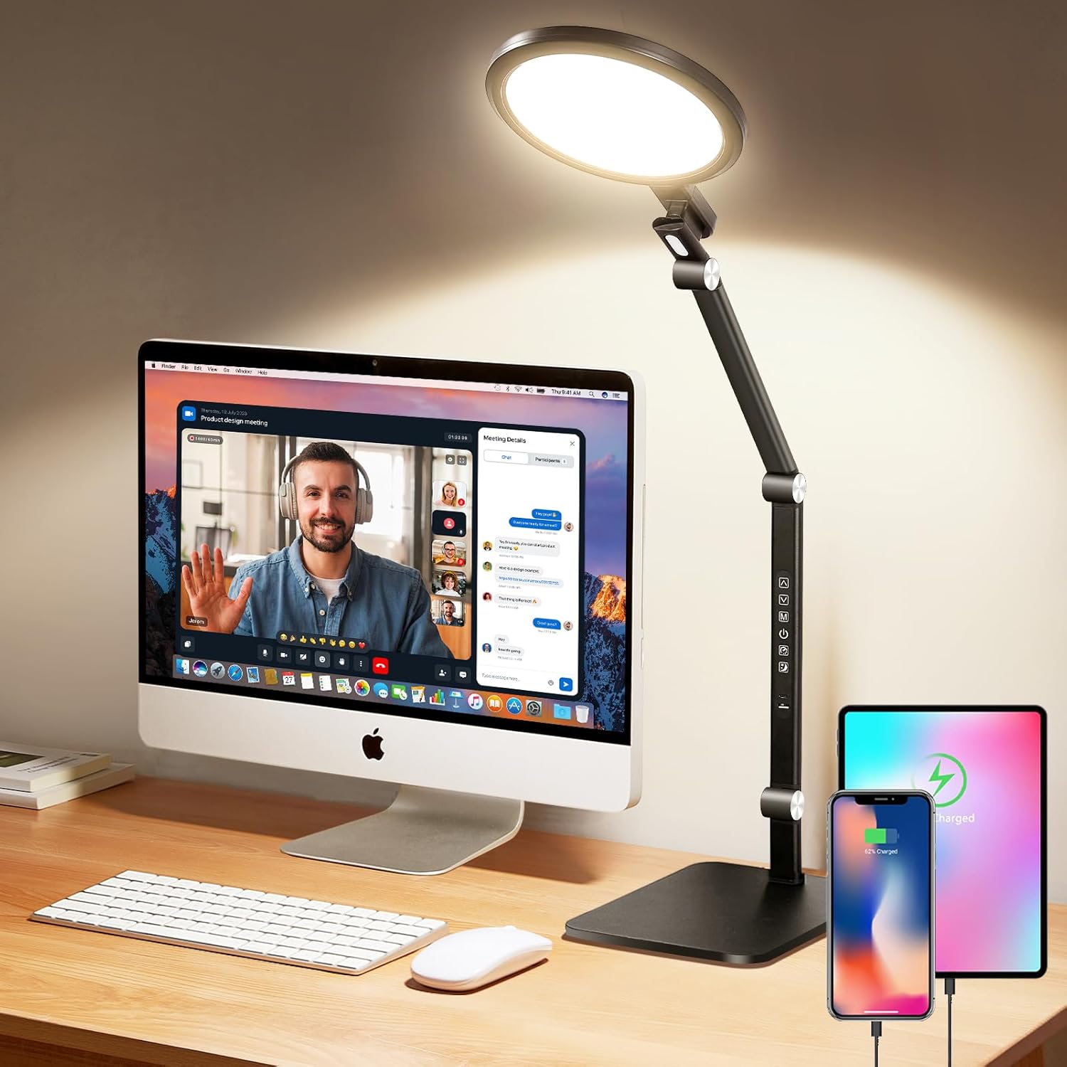 LIFENSGOLER Video Conference Lighting for Computer, 18W Desk Ring Light with Base, Adjustable Brightness & Color Temp, Desk Light for Video Calls, Zoom Lighting with Memory Timer & Dual USB Charging