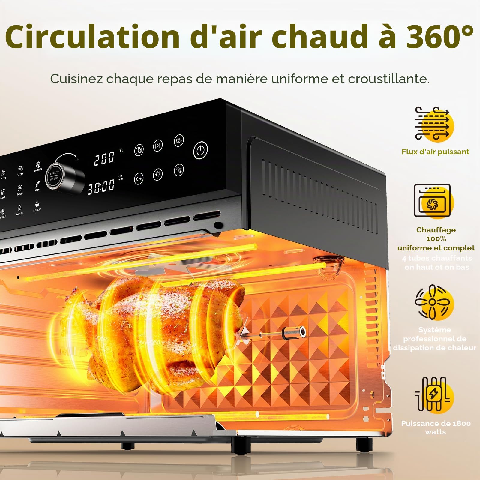 30L Friteuse Air Fryer XXL Mini Four Électrique Écran Tactile LED, Air Fryer Grande Capacité avec 20 Programmes et Deux Modes de Cuisson, 1800W Airfryer Chaud Oven Sans Huile, 8h Timer, 7 Annexes