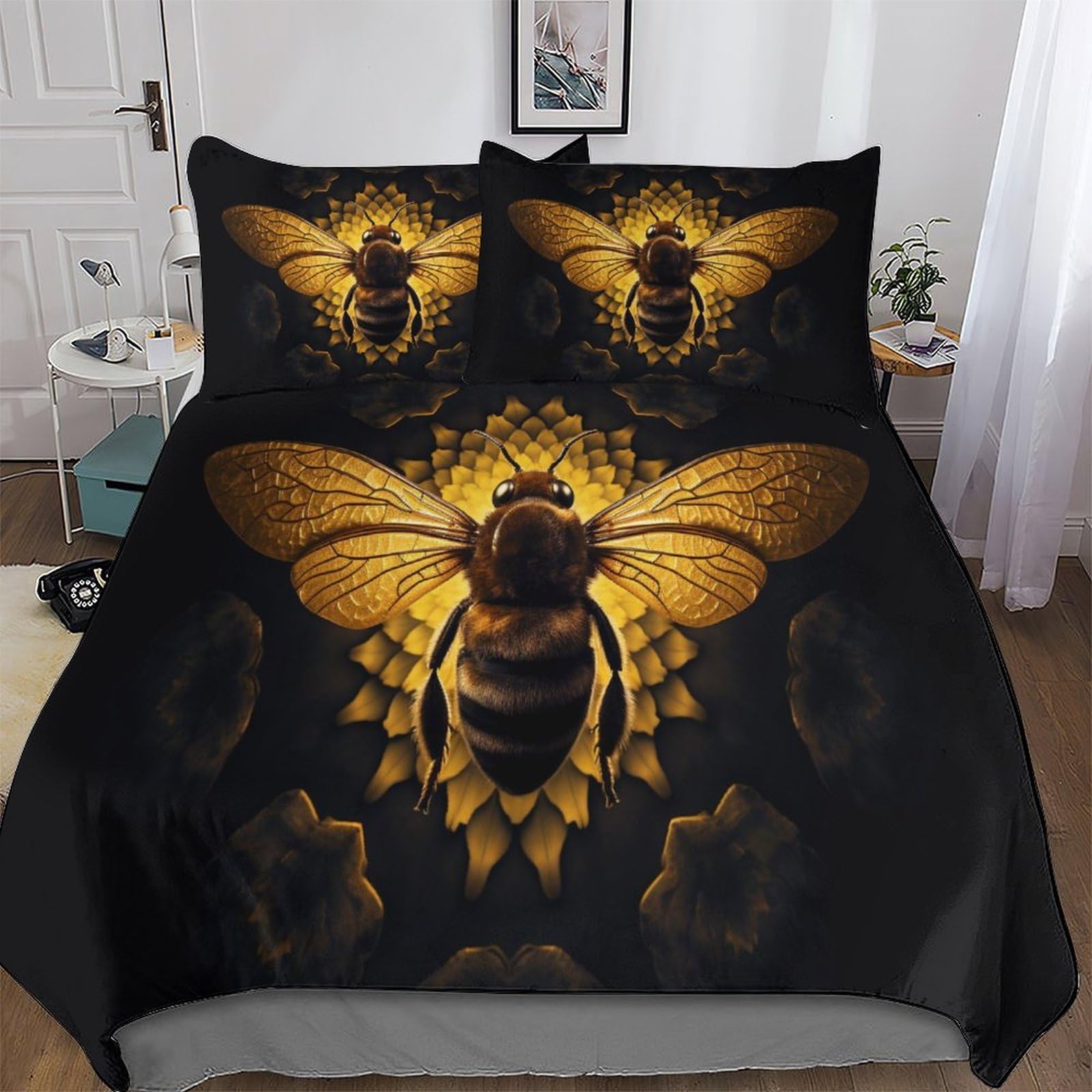 Dcccy Boys Bee Duvet Cover Bedding Set Bedspread Cover With Pillowcase Microfiber Quilt Cover Soft 3 Piece Set For Girls Double (200X200cm)