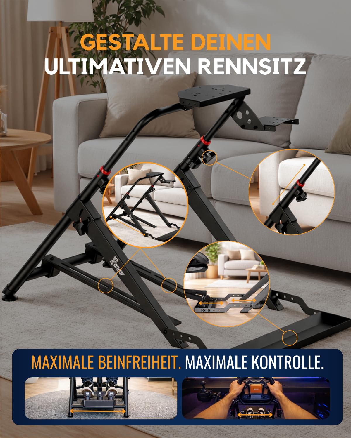 Ranqer Racing Wheel Stand Pro Lenkradständer, faltbar, aus Stahl, höhen- und neigungsverstellbar, mit integrierter Sitzhalterung und Schalthebelhalter, für Lenkrad und Pedale, Schwarz