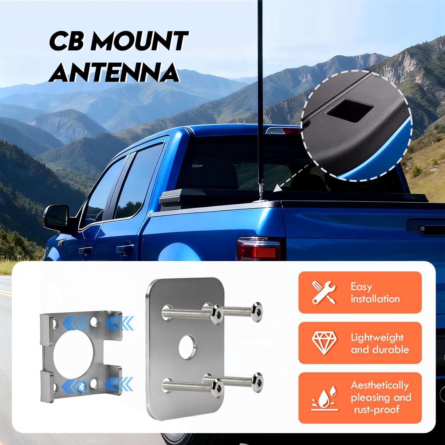 Stainless Steel Stake Pocket Antenna Mount Bracket for CB HAM Radio, CB Radio Antenna Mount, Fits for Ford F-Series Ram 1500/2500/3500 Toyota Tundra & Breedlove Mounts