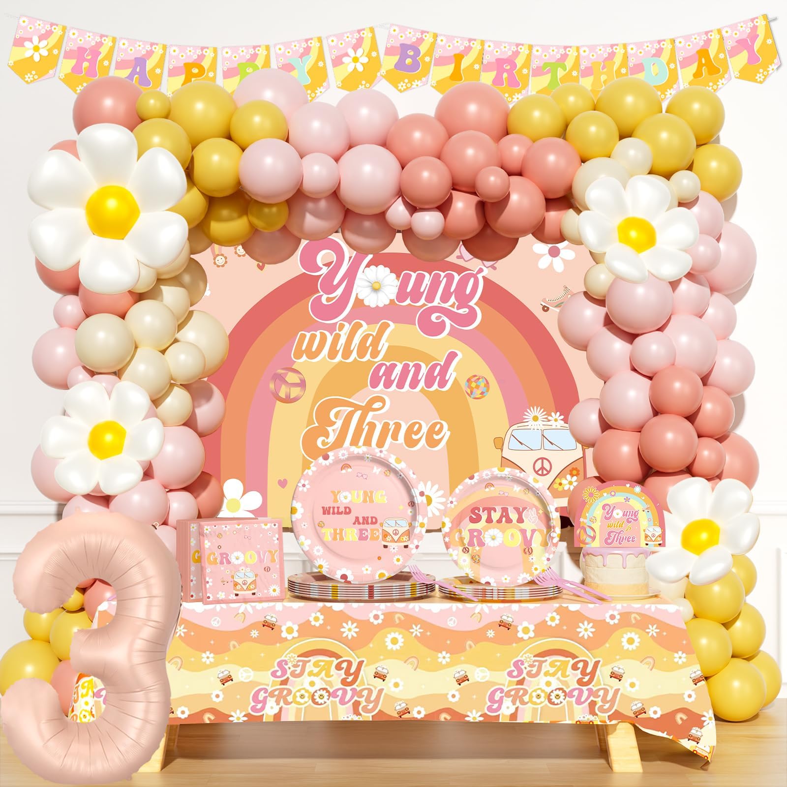 Hombae Young Wild and Three Party Decorations Girl, 3rd Birthday Decorations Girl, Boho Daisy Hippie Third Party Supplies, Retro Balloon Backdrop