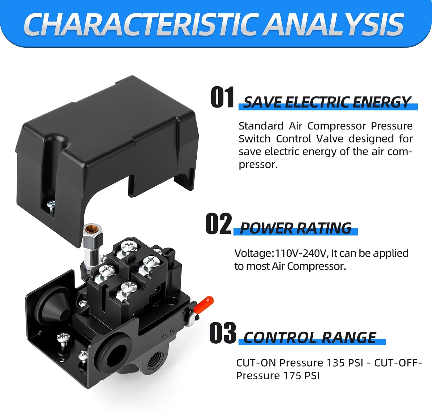 MEANLIN MEASURE Air Compressor Pressure Switch Control Valve 135-175 PSI 110V-240V 4-way Replacement Parts With 0-200 Pressure gauge and Safety Pressure Relief Valve