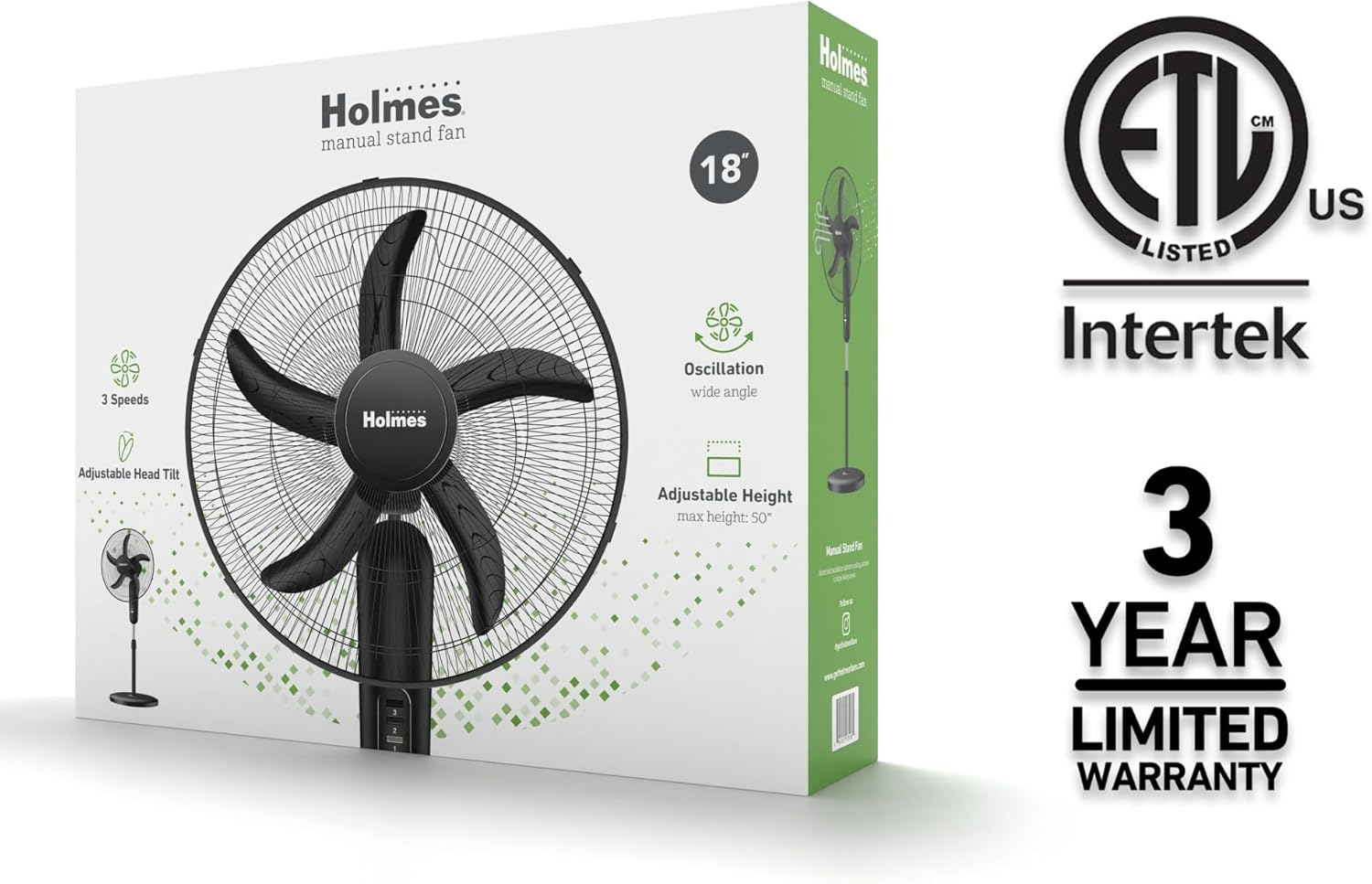 Holmes 18 Inch Oscillating Stand Fan 3 Speed Powerful Airflow Adjustable Height 30 Degree Tilt Wide Angle Cooling Quiet Operation for Bedroom Living Room Home Office Gym Black