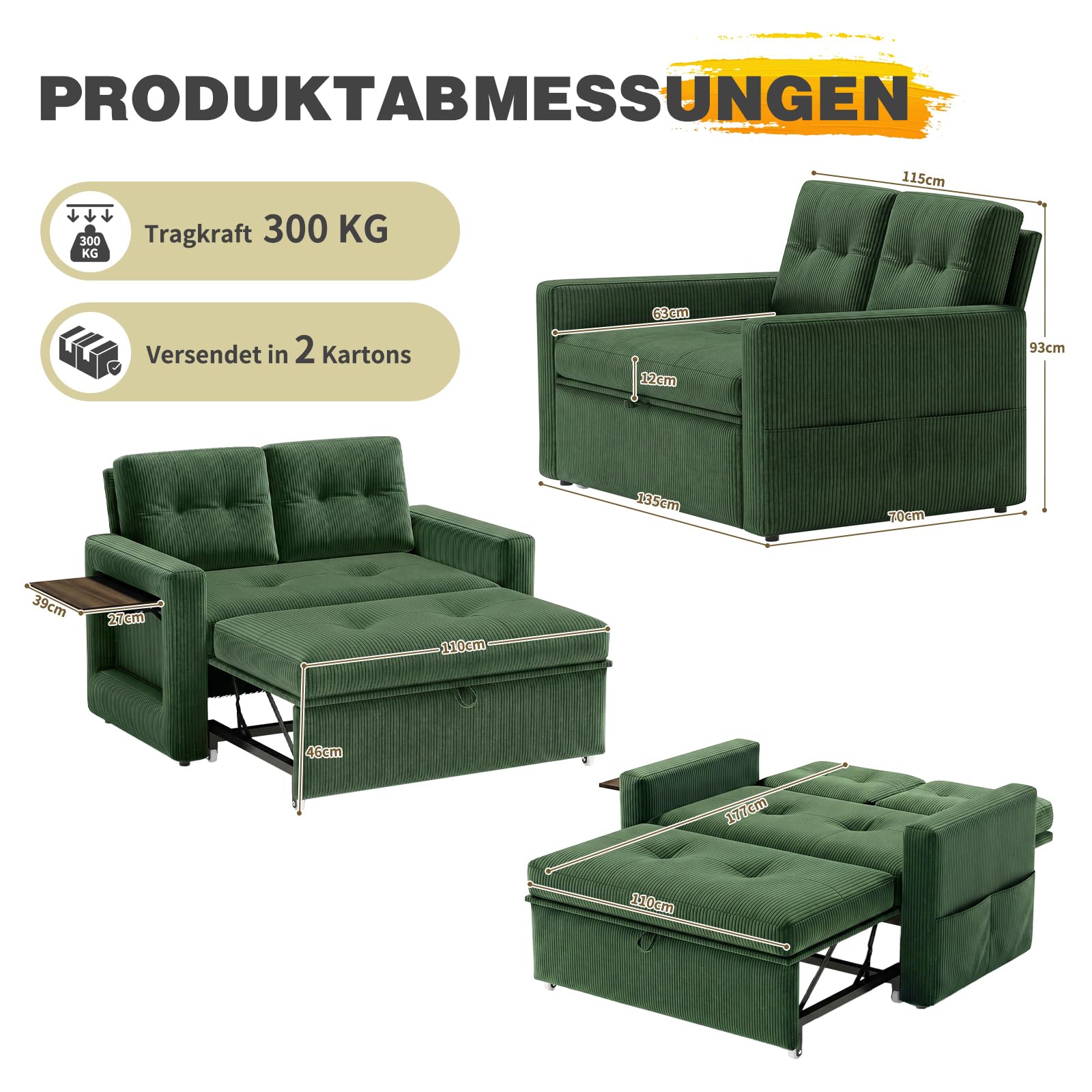 YOUDENOVA Sofa 3 w 1, fotel z funkcją łóżka i funkcją salonu, sofa relaksacyjna z 5 regulowanymi pozycjami oparcia, sofa 2-osobowa z łóżkiem, stołem i kieszeniami bocznymi, prążkowana zieleń