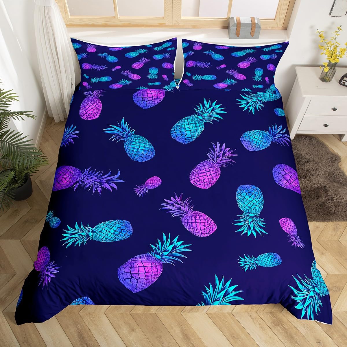 Feelyou Pineapple Comforter Cover Tropical Fruit Print Bedding Set Purple Blue Pineapple Pattern Duvet Cover for Kids Boys Girls Bohemian Exotic Style