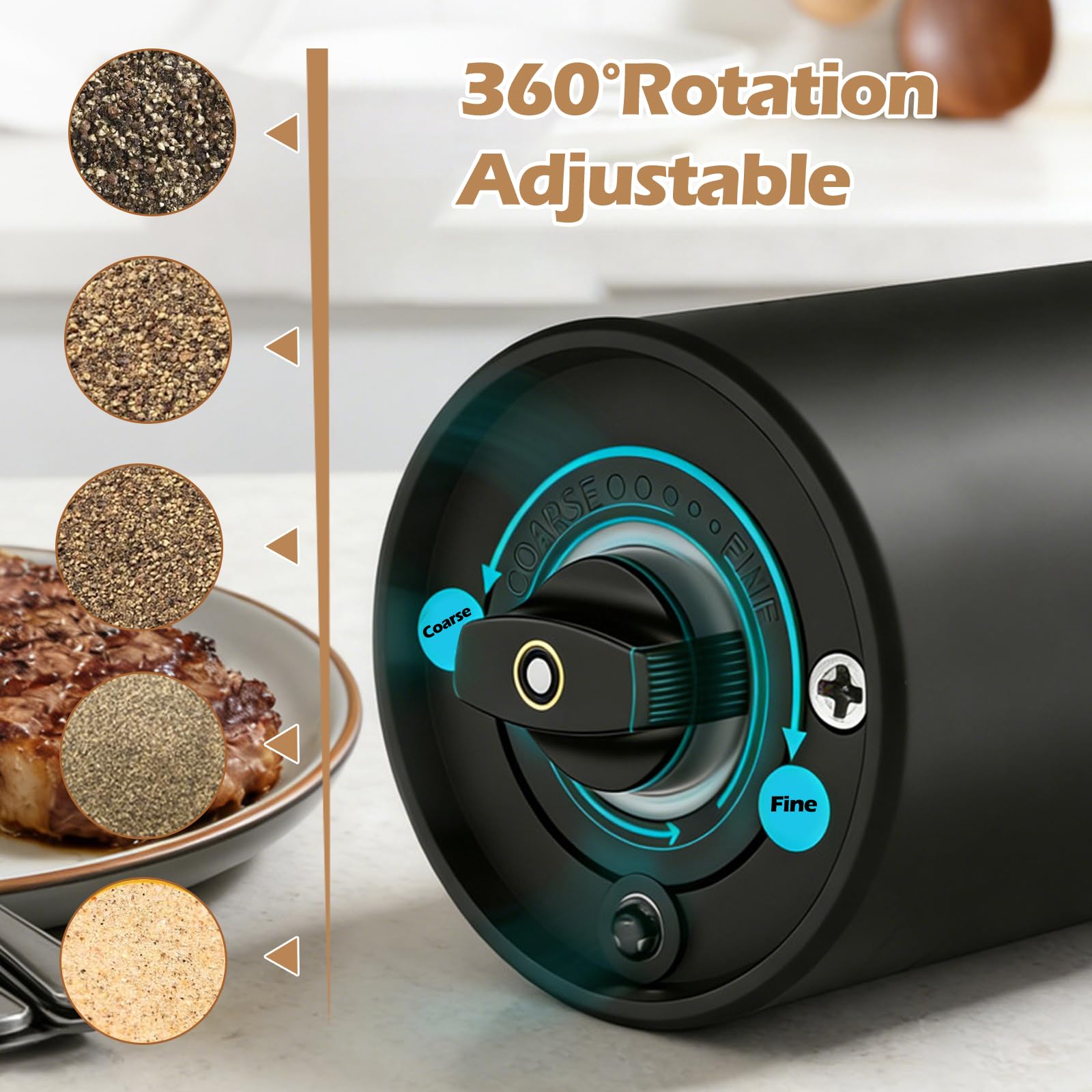 Elektrisches Salz- und Pfeffermühlen-Set mit Basis, automatische Pfeffermühlen mit 110 ml Behälter, externes verstellbares Grobheitsgewürzmühlen-Set, waschbarer Behälter für Küche/Picknick/Grill