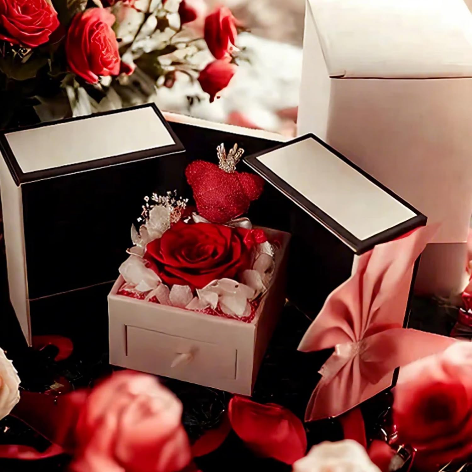 Rosa Stabilizzata Rossa,Romantico Rosa Eterna,Red Fiori Jewelry Box Con Collana,Pacco Regalo per Natale,Mamma,San Valentino Festa Della Mamma Anniversario Matrimonio per Lei