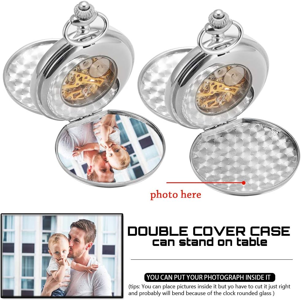 ManChDa Silver Mechanical Pocket Watch with Chain - Retro Smooth Classic Handwind - Roman Numerals for Men & Women