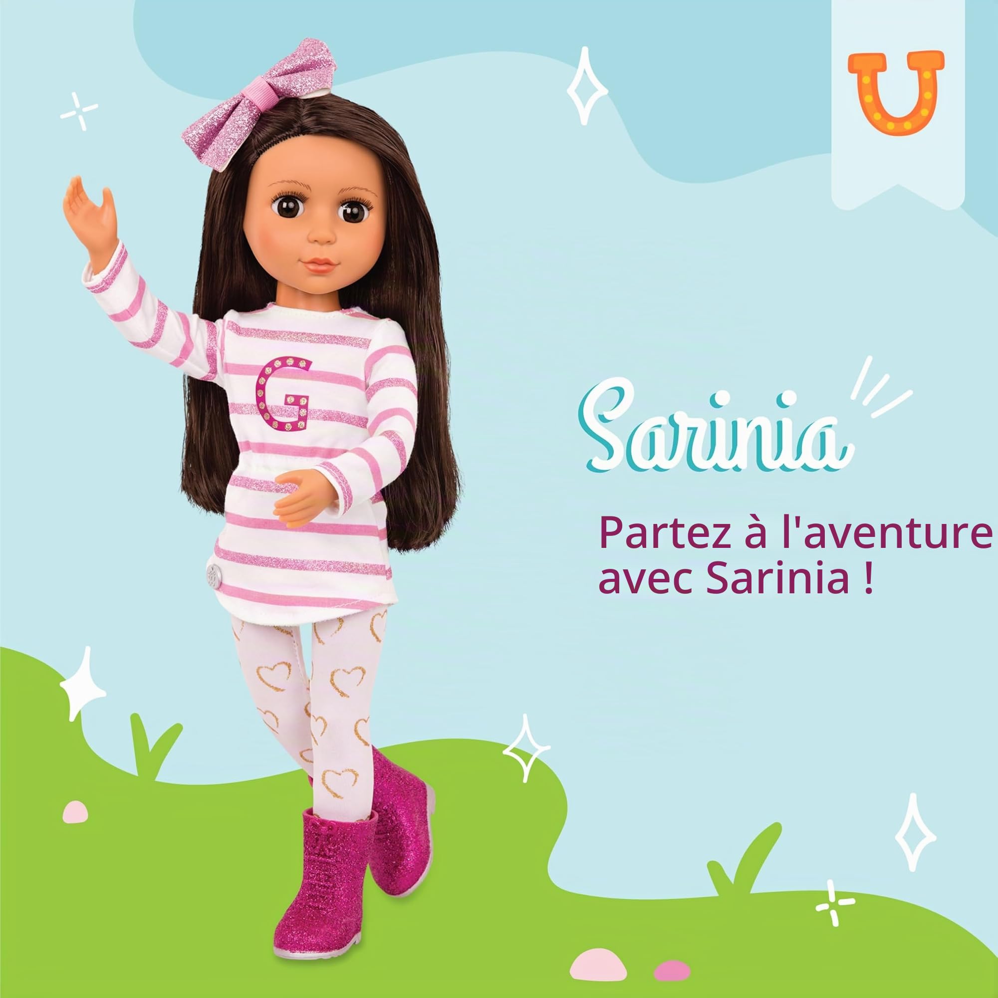 Glitter Girls - Sarinia - Poupée de Mode posable de 36 cm - Cheveux Bruns raides et Yeux Bruns - Tunique rayée et Bottes à Paillettes - Nœud pour Les Cheveux et Leggings à cœurs - 3 Ans et +