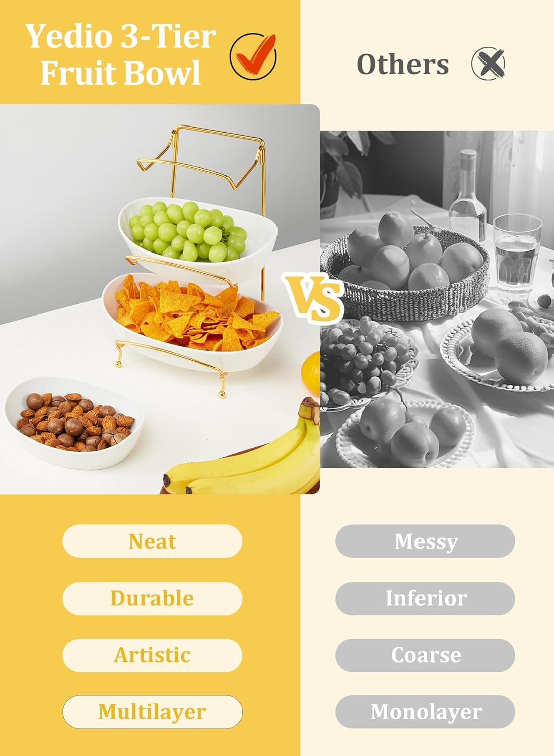 Yedio Fruit Bowls for Kitchen Counter, 3 Tier Ceramic Fruit Basket with Serving Bowls Metal Stand, Tiered White Porcelain Bowls for Fruit Vegetable Storage, Snack, Nuts, Cake, Dessert