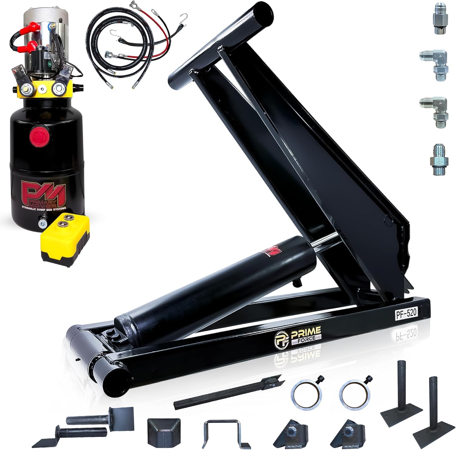 Primary Mover (PF-520-K) Hydraulic Scissor Hoist Kit - 10 Ton (20,000 lb) Dump Trailer & Dump Bed Kit for 12’–16’ Beds with 12VDC Hydraulic Pump | Standard Hoist Kit |