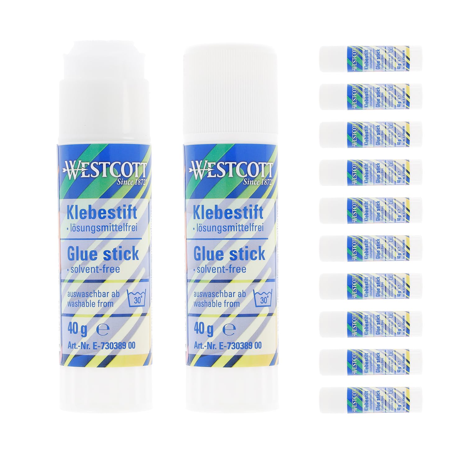 Westcott E-730389 00 - Barra de pegamento (12 unidades, 40 g, 12 unidades, con tiras adhesivas transparentes de 2,5 cm, adhesivo fuerte y duradero, 100% sin disolventes, lavable al 30%)