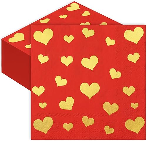 JarThenaAMCS 80 servilletas de papel para el día de San Valentín, servilletas desechables de papel dorado rojo para bebidas con corazón para bodas,