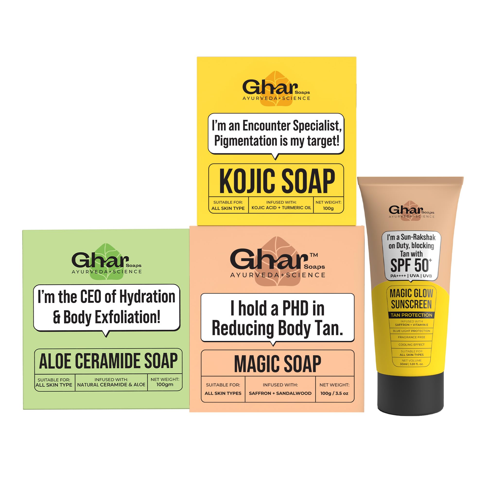 Ghar Soap Whitening & Sun Protection Set – Kojic Soap, Magic Soap, Aloe Soap & 30ml Sunscreen for Face & Body