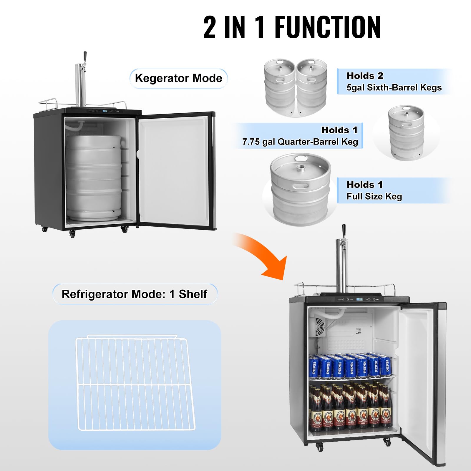 Happybuy Beer Kegerator, 162l Single Tap Draft Beer Dispenser, Co2 Tank, Temperature Control 23°F-82.4°F, Drip Tray & Shelf, Silver on Fridge.com - View 2