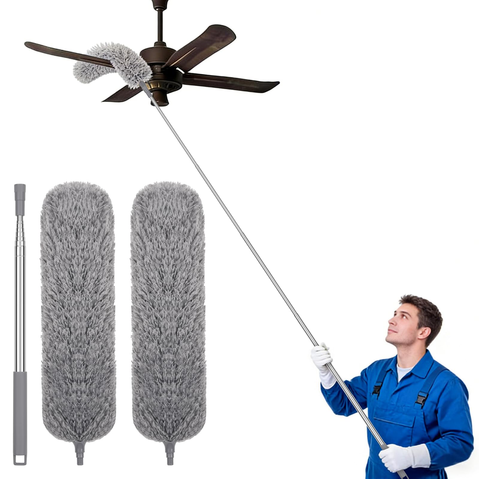 Apasiri Plumero de Plumas con Poste Telescópico Largo y 2 Cabezales de Microfibra Lavables, Herramienta de Limpieza Extensible para el Hogar, Techo y Zonas de Difícil Acceso, Sin Arañazos, Fácil de