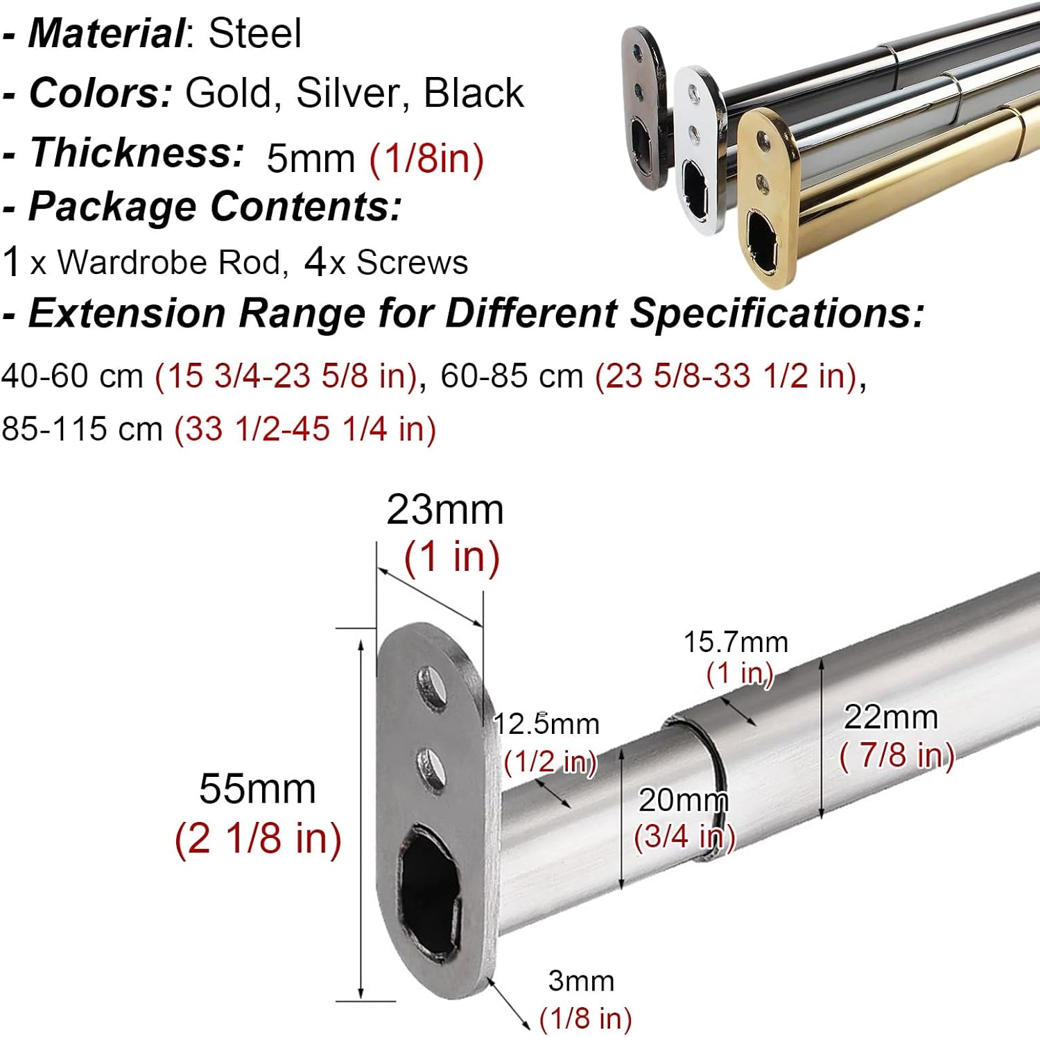 Adjustable Closet Rod 24"-48" for Wardrobe, Drilling Closet Bar with Screw Kit, Telescopic Hanger Pole for Small Storage Solutions (Black, 60-85 cm)