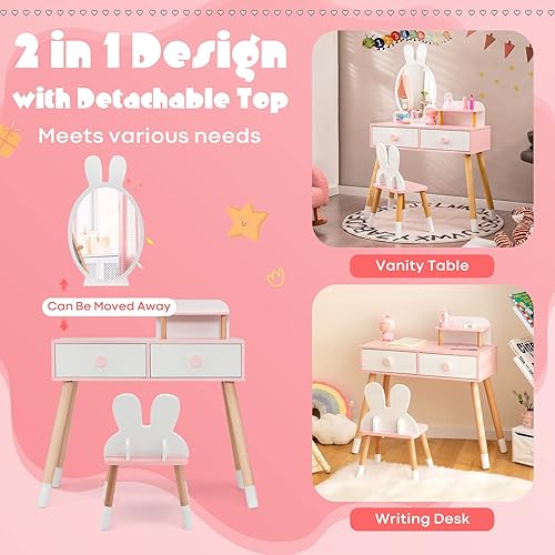 Miniatura 22 de HONEY JOY Juego de mesa y silla de maquillaje de madera con temática de conejo para niños pequeños con 2 cajones grandes, patas de madera de haya,