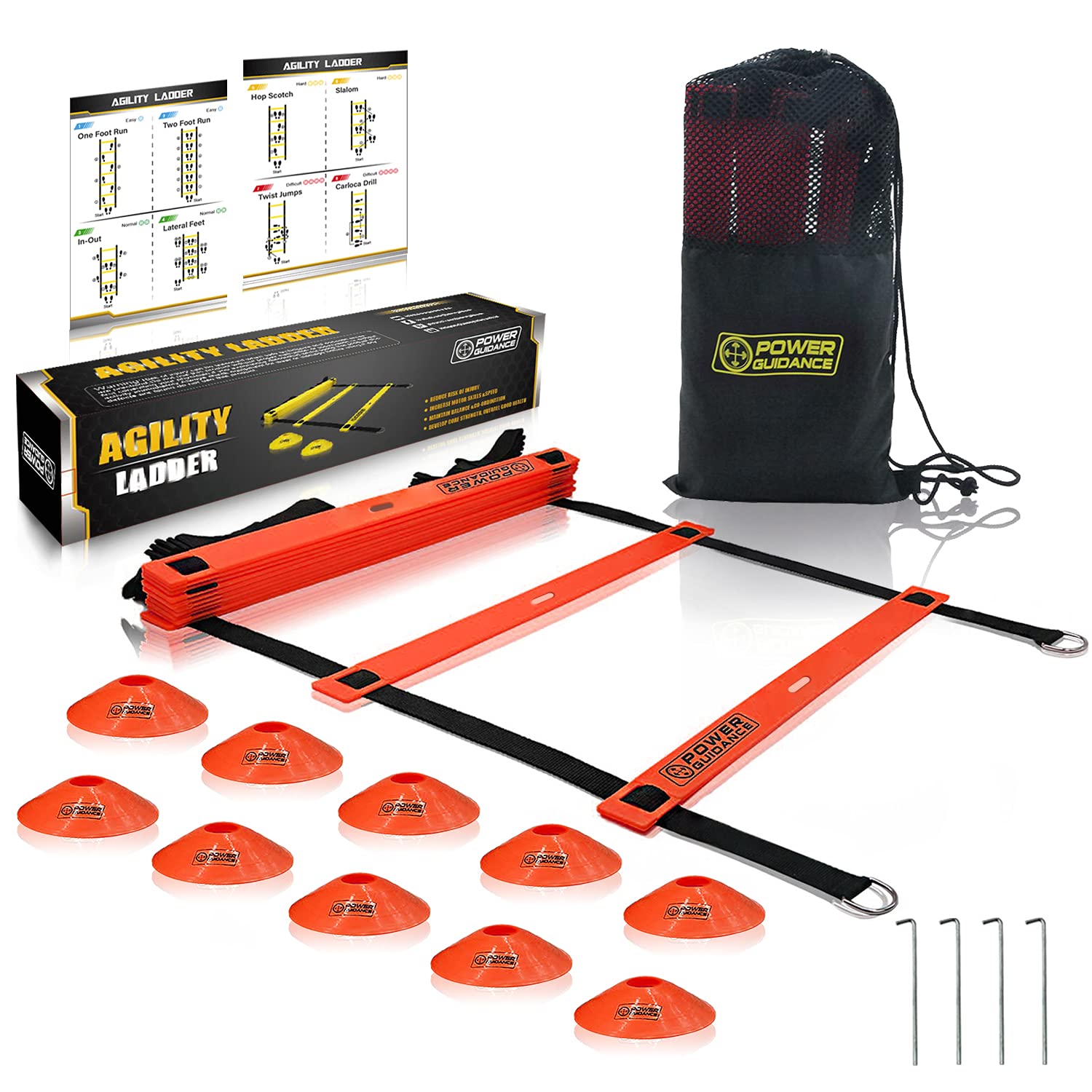 POWER GUIDANCE(Red) - Agility Ladder (5.8m) for Speed & Agility Trainning - with 12 Heavy Duty Plastic Rungs, Ground Stakes, Carry Bag & 8 Sports Cones