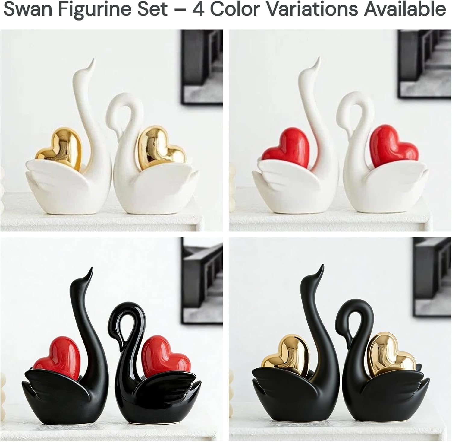 Haumei Ceramic Swan Couple Figurines, Romantic Home Decor, Decorative Sculptures for Living Room, Bedroom, Shelf | Valentine's Day Wedding (Set of 2) (White Swan with Red Heart) - Image 8