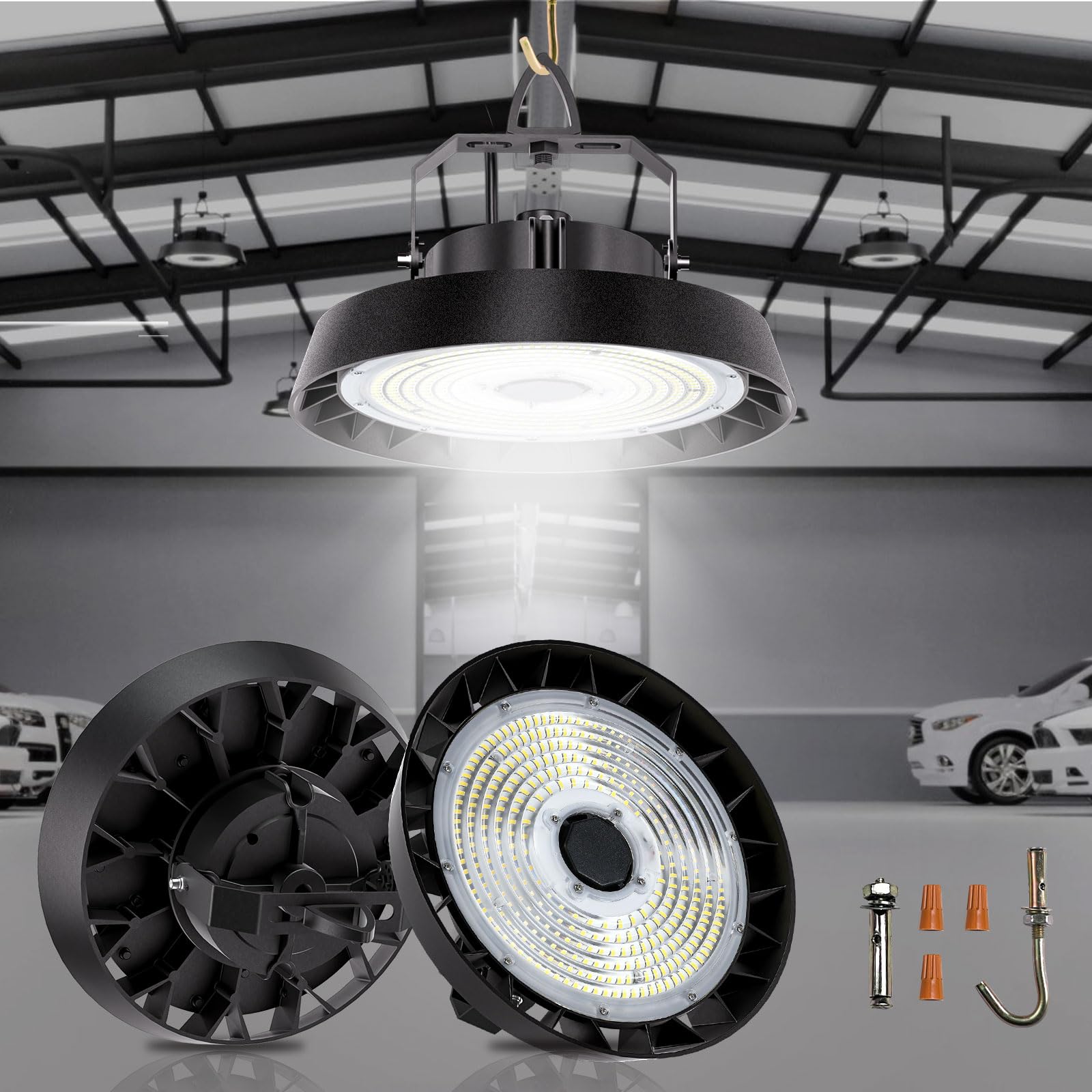 200W 170LM/W UFO LED Hallenstrahler, Kaltweiß 5000K LED Hallenbeleuchtung, 90° Abstrahlwinkel Werkstatt Deckenleuchte, Werkstattlampe Wasserfest IP65für Keller Garage Industrieanlagen Lager