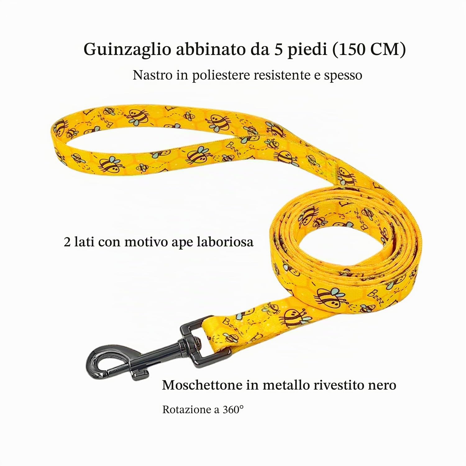 Set di guinzaglio per cani in poliestere, collare e guinzaglio abbinato da 150 cm per cani di taglia media (M, ape gialla)