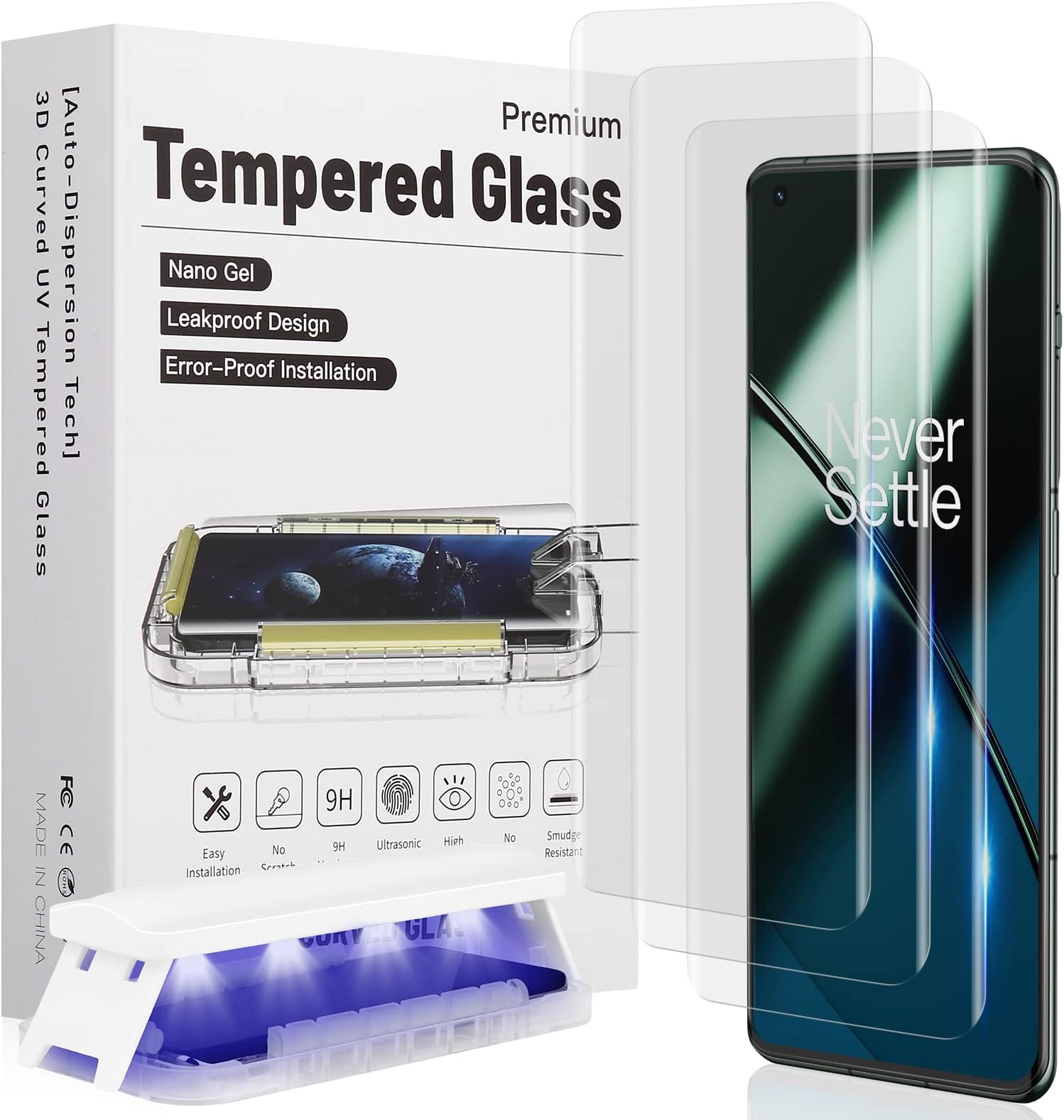 Compatible for OnePlus 11/10 Pro Screen Protector, [Auto-Dispersion Tech] Full Coverage Hide Scratches Fingerprint Support Bubble-Free Tempered Glass for OnePlus 11/10 Pro - 3 Pack