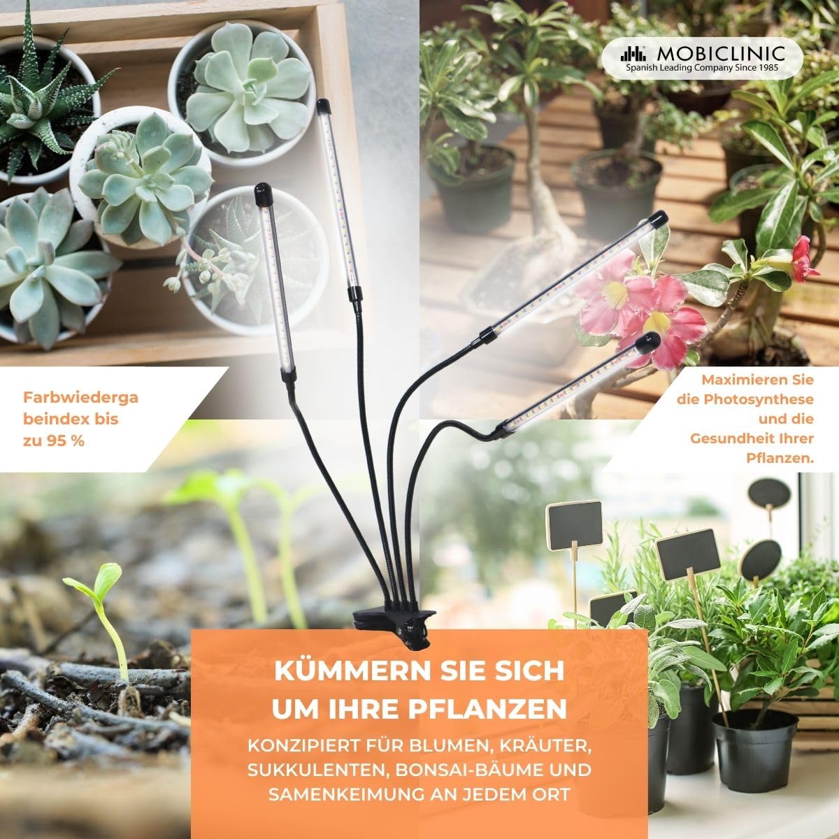 Mobiclinic®, Pflanzenlampe, Led, Growflex, 3 modi, 6000k, 10 helligkeitsstufen, Vollspektrum, Europäische marke, Timer, 360° rotation, 40w, Flexibel, Zimmerpflanzen, Usb, Grow lampe (4 köpfe)