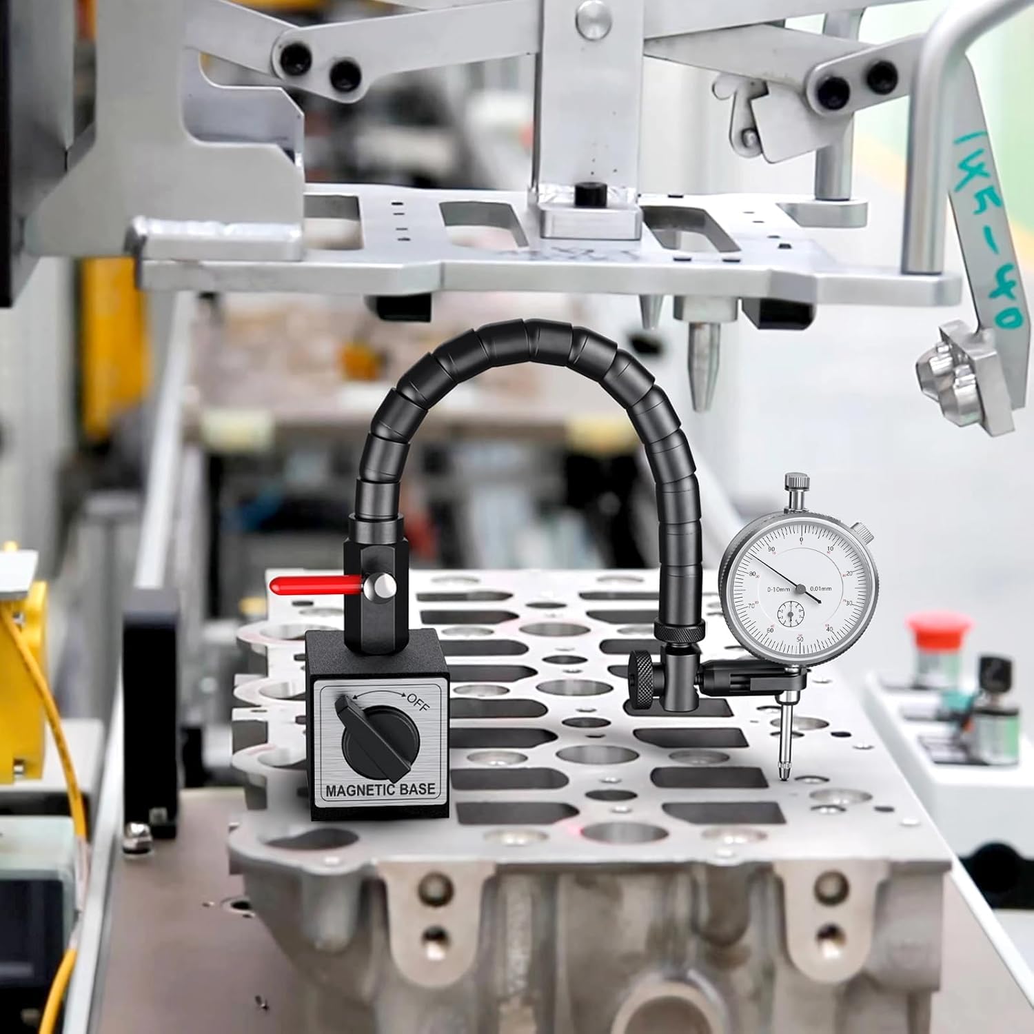 Präzisions-Messuhr mit Magnetstativ, Mechanisch Messuhr 0-10mm Messbereich, 0,01mm Genauigkeit, Stahlbasis mit Zentralklemmung (80kg Haltekraft) – Ideal für Werkstatt & Industrie