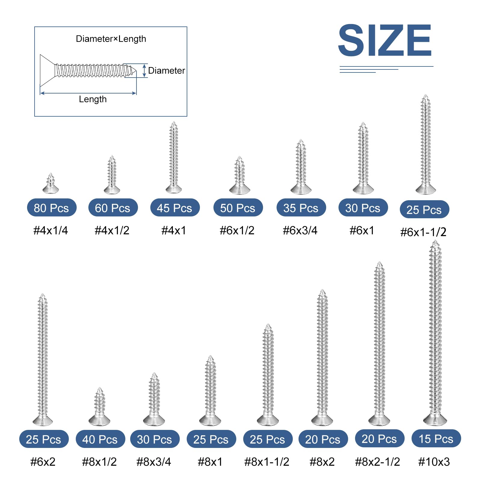 DTGN 525Pcs Wood Screws Assortment Kit - 15 Sizes 304 Stainless Steel #4#6#8#10 Phillips Flat Head Self Tapping Screws - for Woodworking, Furniture - Image 2