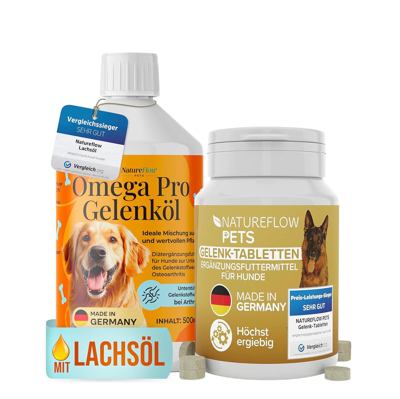 Natureflow Pets Gelenk-Bundle für Hunde – Omega Pro Gelenköl (500 ml) + Gelenk-Tabletten | Unterstützt Gelenke & Beweglichkeit | Mit Lachsöl, Glucosamin & MSM | Made in Germany