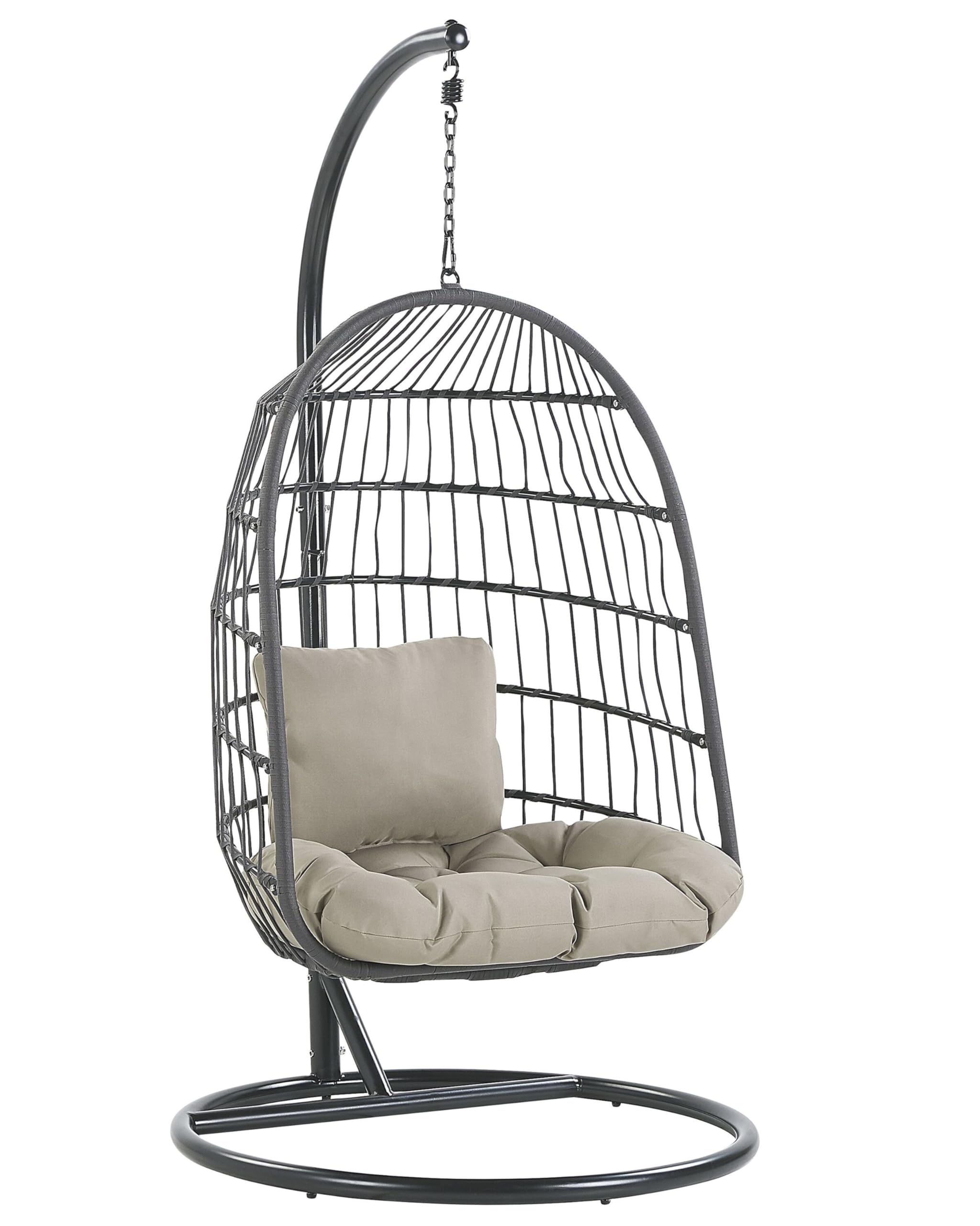 Fauteuil Suspendu Gris avec Coussin et Support Noir 102 cm en Métal et Rotin Très Confortable pour Extérieur Style Boho Beliani