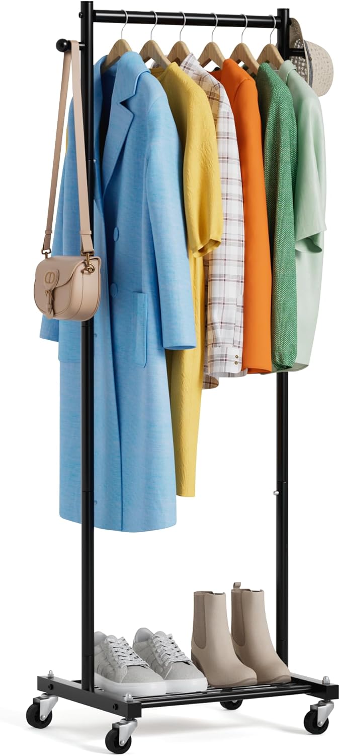 MISSLO Small Clothes Racks for Hanging Clothes Clothing Rack with Wheels 60″ Heavy Duty Garment Rack Portable Rolling Wardrobe Rack for Small Space, Black MISSLO Small Clothes Racks for Hanging Clothes Clothing Rack with Wheels 60″ Heavy Duty Garment Rack Portable Rolling Wardrobe Rack for Small Space, Black